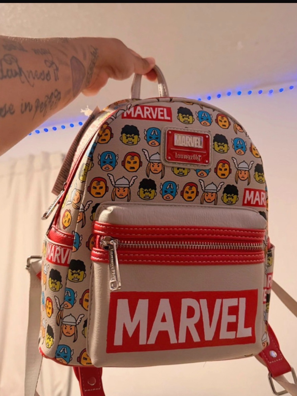 Marvel Beige Mini Backpack with Red Accents and Character Print